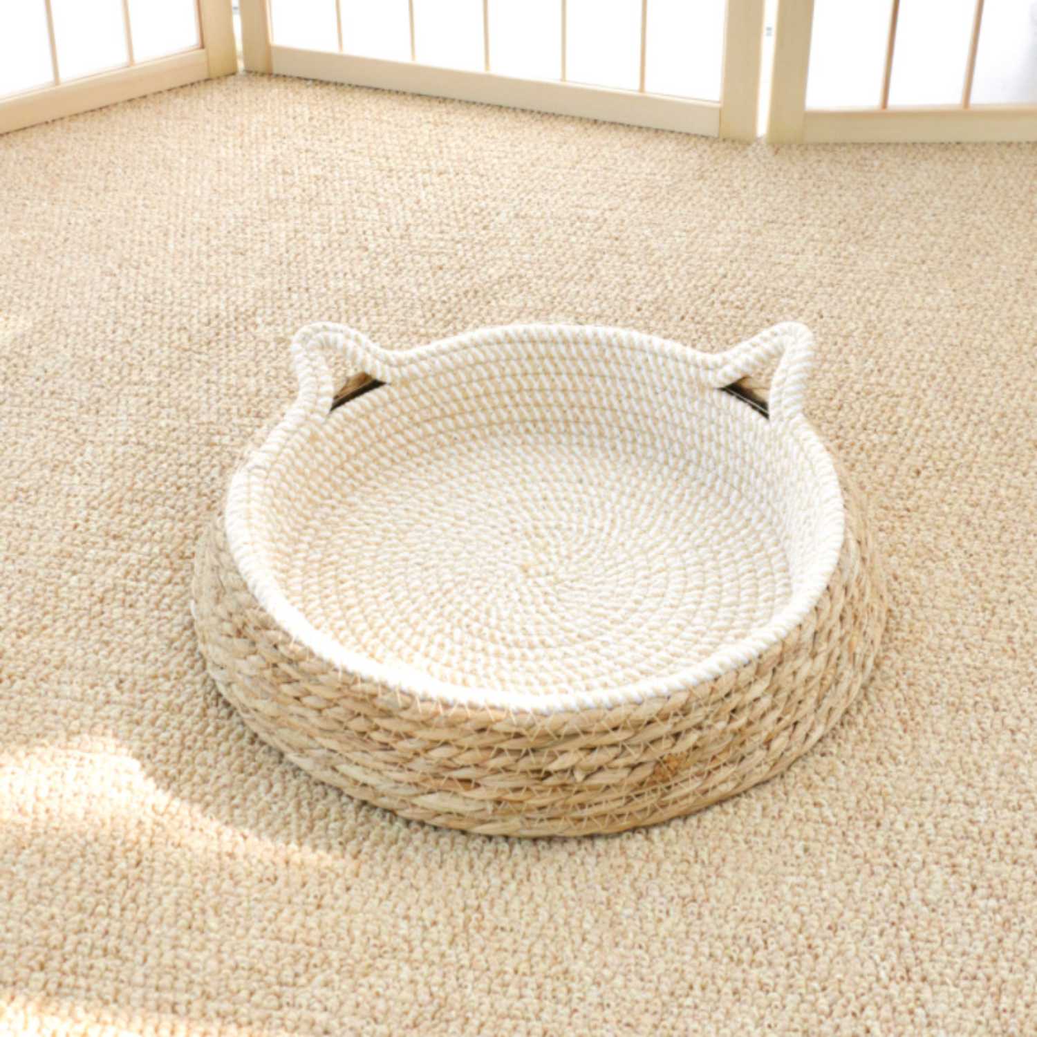 kattenbed groot rattan natuurlijke ronde mand met katvorm oren